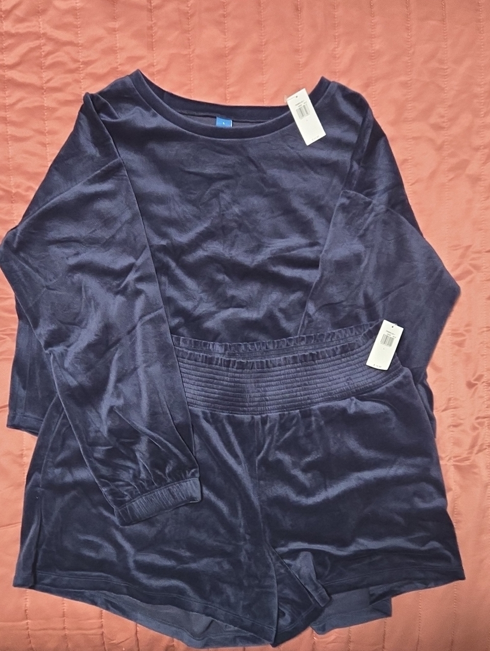 Navy Velvet Loungewear Set - Top & Shorts